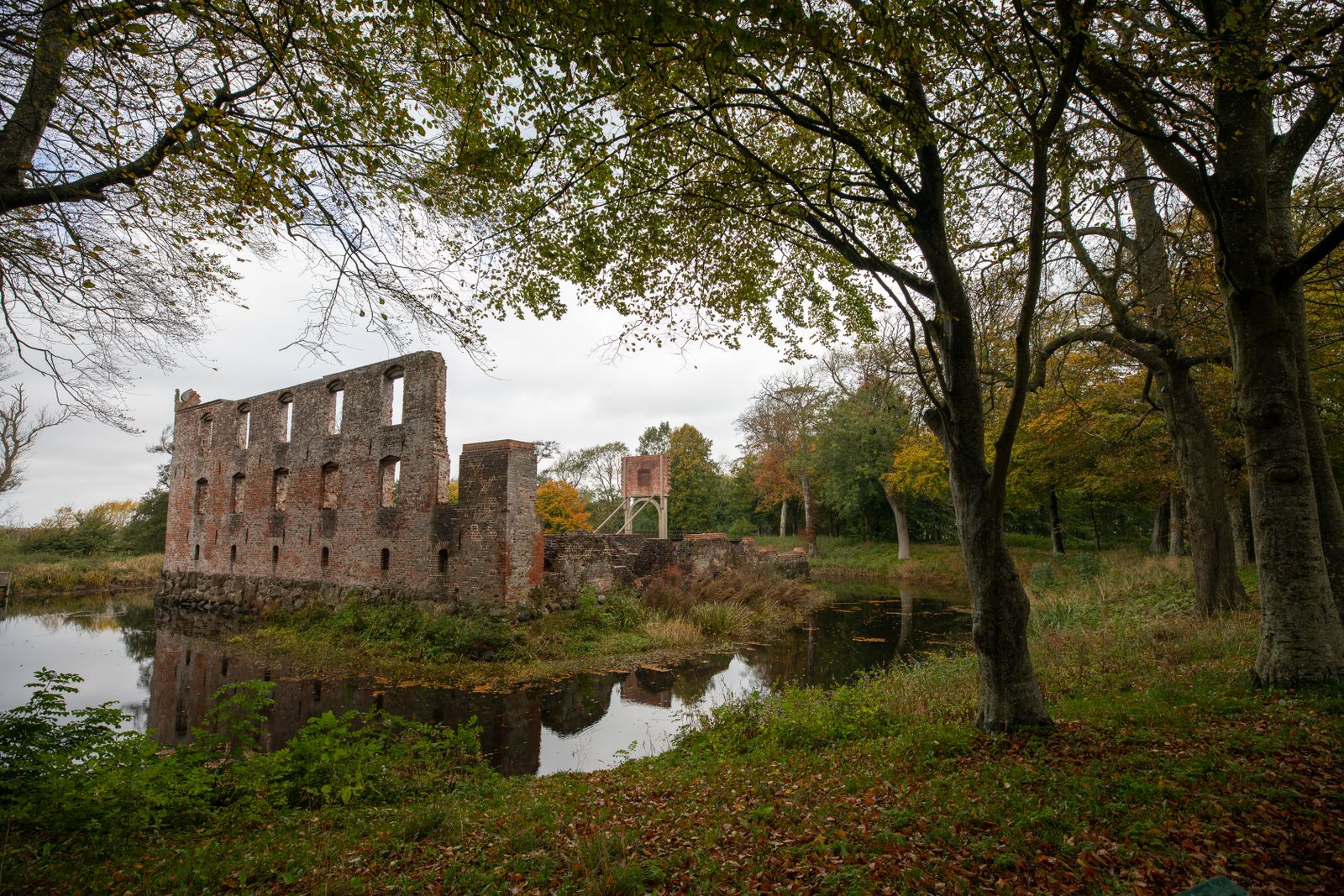 Ruïne die weerspiegelt in een bosvijver in de herfst